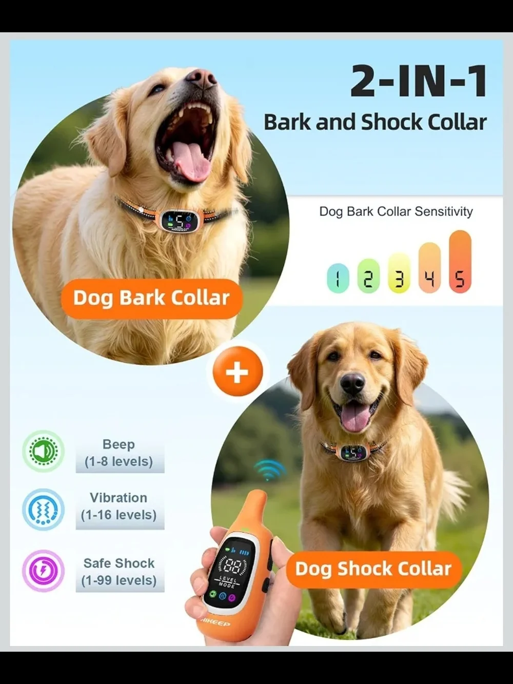 AIKEEP 2-in-1 Dog Training Collar Bark Collar Remote 3300FT IP67 Waterproof